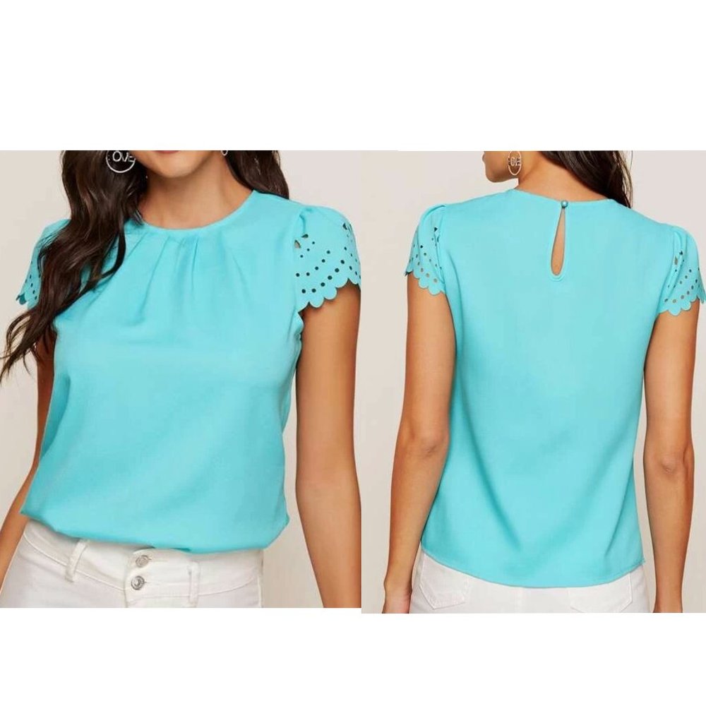 Shein Scallop Trim Laser Cut Sleeve Pleated Detail Top - Blue - Size M